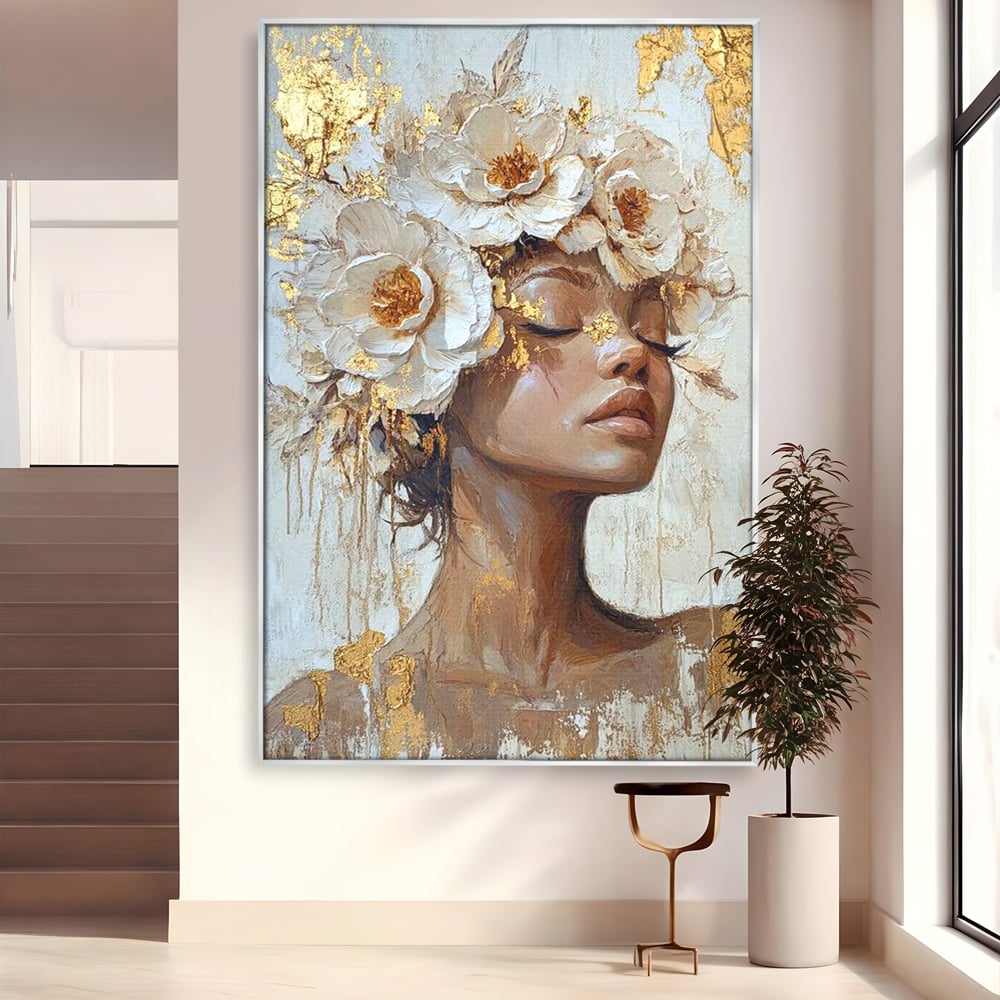 Tablou canvas cu tablou canvas cu portretul unei femei, in rama de aluminiu argintiu